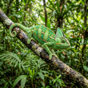 Green chameleon with curled tail on a mossy branch in dense forest foliage